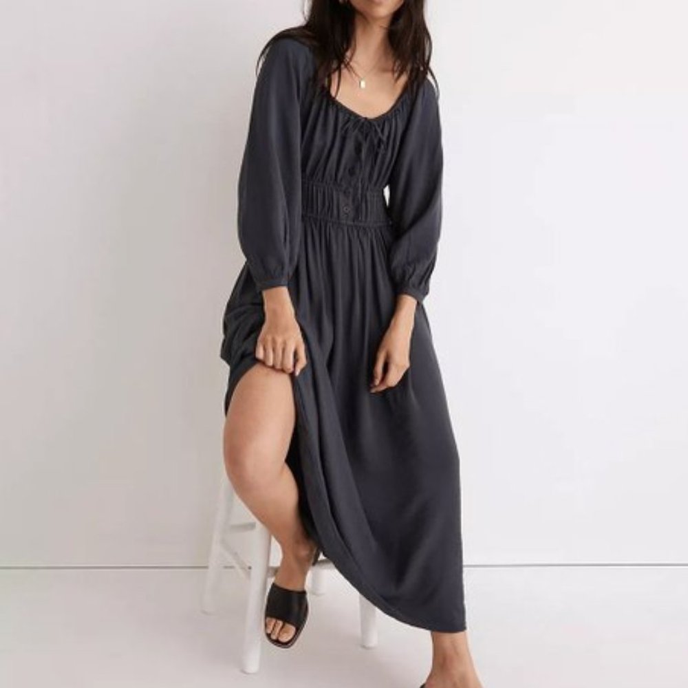 Madewell Twill Sophia Midi Dress Dark Baltic